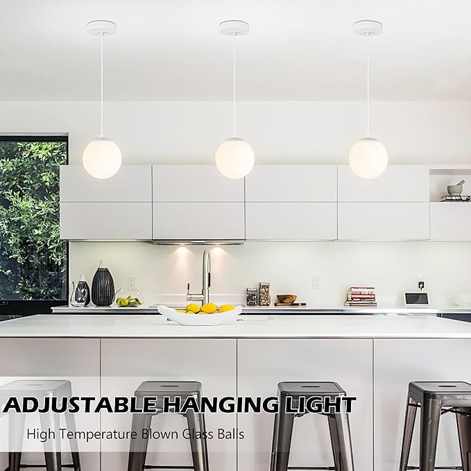 KoKo&Yukina 6 Inch Globe Pendant Light White Globe Pendant Lights Kitchen Island Mid Century Light Fixture with Milky White Glass Shade for Dining Room (2 Pack)