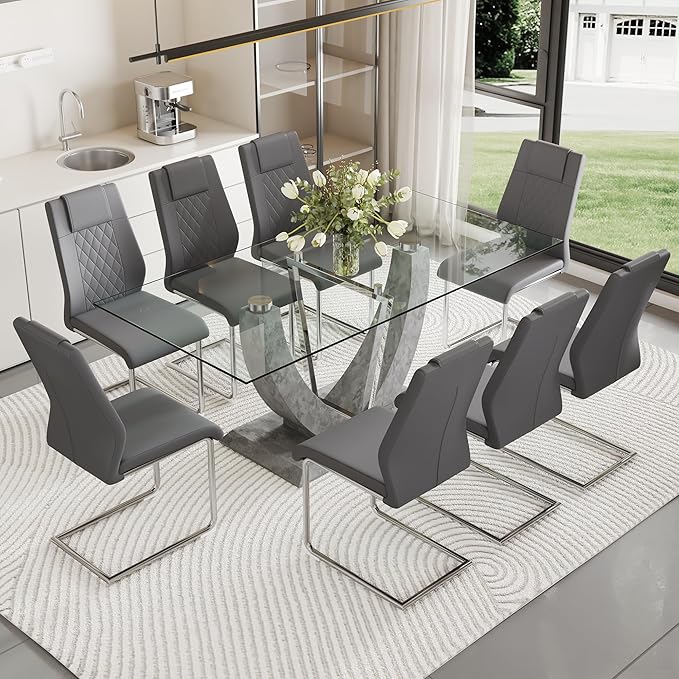 Glass Dining Table Set for 8, 9 PCS Kitchen Table Set with 8 Chairs,71" Tempered Glass Tabletop with Upholstered Chairs, Suitable for Dining Room and Kitchen