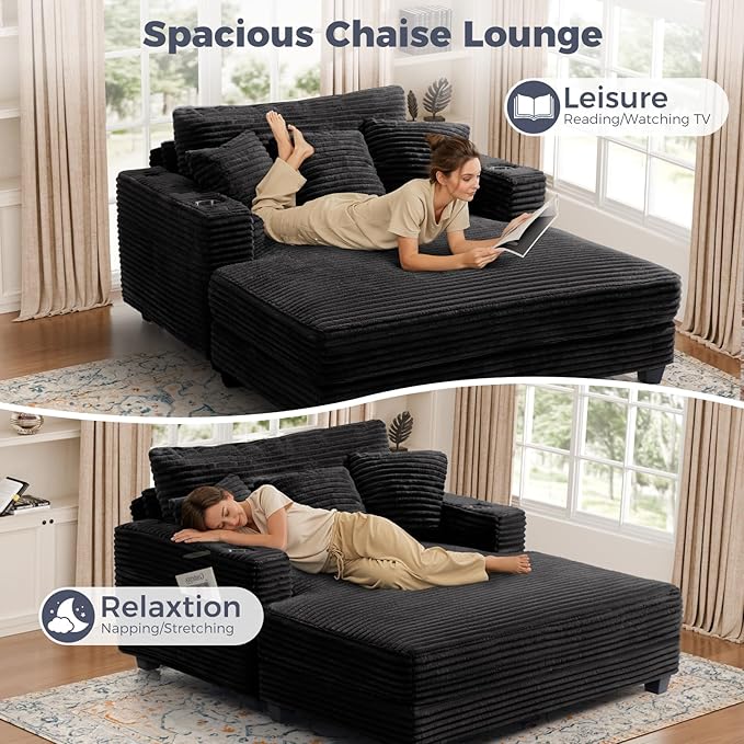 HUSFU 60'' Oversized Chaise Lounge Chair, Upholstered Sofa Bed, Sleeper Couch Reading Chairs with USB Port and Cup Holders,Comfy Cloud Sofas Couches for Living Room,Black