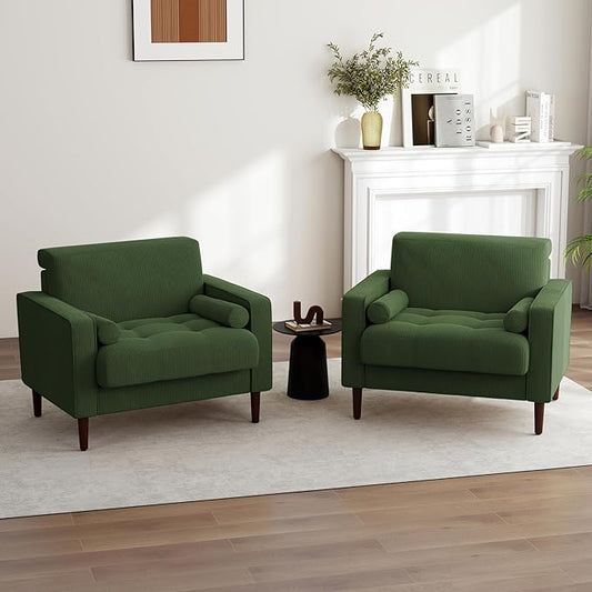 UIXE Accent Chairs Set of 2, Corduroy Fabric Upholstered Armchair Mid-Century Modern Arm Chair for Living Room, Comfy Single Sofa Bedroom Side Reading Seat - Green
