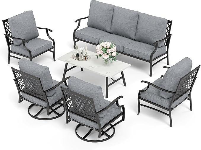 HERA'S HOUSE 6 Piece Patio Furniture Set, 2 x Swivel Chair, 2 x Fixed Chair, 1 x 3-Seat Sofa with Marbling Coffee Table, All Cushioned Outdoor Conversation Set for Lawn Garden Backyard, Grey