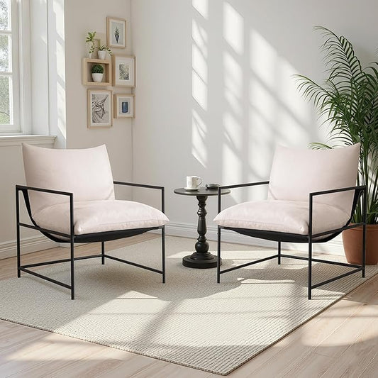 Sling Accent Chair Set of 2 with Metal Frame, Modern Armchair with Memory Foam Cushion, Comfy Lounge Chair for Living Room Bedroom Balcony, Beige