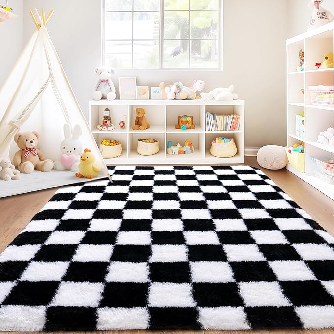 Checkered Rug for Living Room 8x10, Ultra Fluffy Fuzzy Shag Black and White Large Area Rug for Bedroom, Modern Plush Soft Upgrade Non-Slip Carpet for Kids Girls and Boys Room Dorm Home Decor
