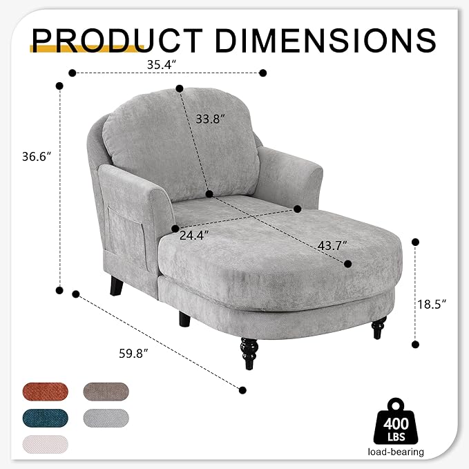 Chaise Lounge Chair Indoor, 59.8" Oversized Couch Reading Chairs，Chenille Comfortable Deep Sleeping Single Sofa, Upholstered Modern Couch Sofa Bed for Living Room, Bedroom & Apartment (Grey)
