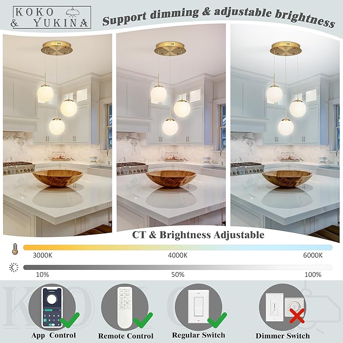 KoKo&Yukina 3-Light Globe Glass Pendant Light Modern Gold Globe Chandelier Adjustable Length Pendant Light Fixtures Milky White Glass Lights Fixture for Hallway Living Room Bedroom