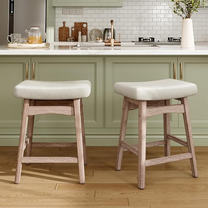 MAISON ARTS Counter Height Bar Stool for Kitchen Counter Solid Wood Legs with Fabric Saddle Seat Farmhouse Barstool for 34"-38" Counter Island Upholstered Stool, 24in, Creamy White Cushion,1pc