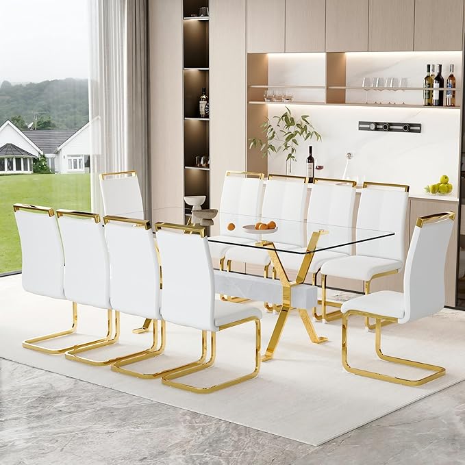 11 Piece Glass Dining Table Set, 79" Modern Dining Table Set for 10, 0.5" Thick Tempered Glass Tabletop with Silver Chrome Metal Legs and Grey Crossbar, 10 PU Chairs for Dining Room, Kitchen