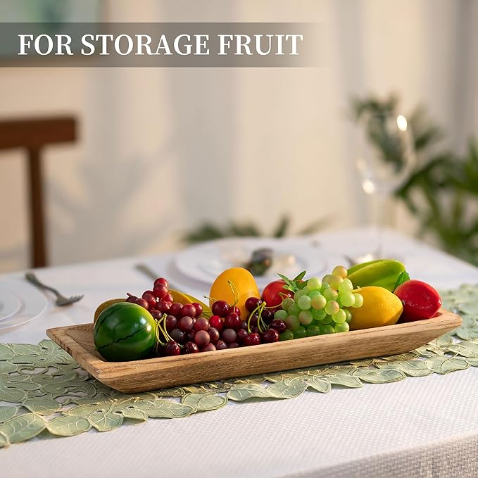 Hanobe Decorative Wood Dough Bowl: Large Long Wooden Centerpiece Table Decorations Natural Candle Holder Tray Decor Rustic Unfinished Centerpieces for Dining Room Kitchen Fruit Bowls, Burnt