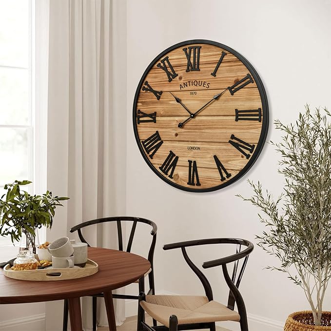 30 Inch Farmhouse Wall Clock - Large Rustic Wood, Silent Sweep, Battery Operated for Living Room Kitchen Office, Brown