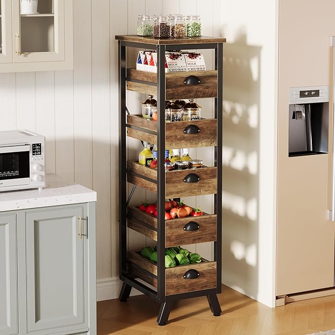 Tribesigns Wood Fruit and Vegetable Storage Rack, 5-Tier Narrow Snack Stand Kitchen Stand Fruit Basket, Pull-Out Utility Organizer for Kitchen, Living Room, Rustic Brown