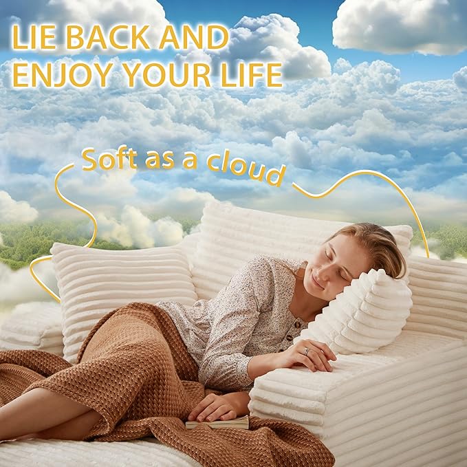 Boneless Couch Sofa Chiar Chaise Lounge Chair Indoor Upholstered Corduroy Couch Cloud Sleeper Sofa Oversized Reading Chair for Living Room No Assembly Required (White, 50" W x 80" D)