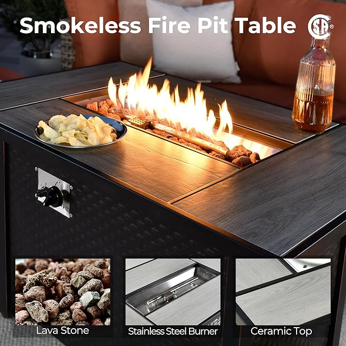 HOOOWOOO Outdoor Sectional Patio Furniture Set with Fire Pit Table,9 Pieces Wicker Conversation Sets,Extra Deep Out Door Sofa Outside Furniture Couch Swivel Chairs Ottoman,Denim Blue