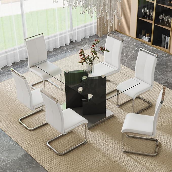 Glass Dining Table Set for 6, 7-Piece Set with Tempered Glass Top and Modern MDF Base with 6 PU Leather Ergonomic Chairs