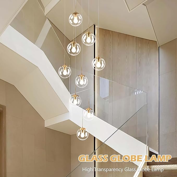 KoKo&Yukina 9-Light Globe Glass Pendant Light Adjustable Length Pendant Lights Fixtures Modern Gold Clear Globe Glass Chandelier High Ceiling Lights Fixtures for Foyer Staircase (Bulb & Remote Incl)