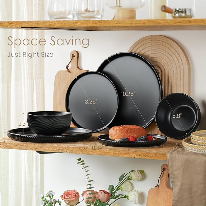 Matte Black Plates and Bowls Set 12pcs, Stoneware Dinnerware Sets for 4, Dishwasher and Microwave Safe Ceramic Dishes Set, Ribbed, Obsidian Night