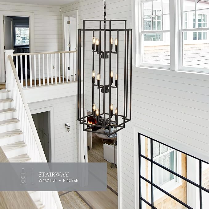 12-Light Lantern Tiered Pendant Light Fixtures, Black Metal Farmhouse Chandelier Hall Foyer Hanging Chandelier for Kitchen Island Dining Room Living Room Foyer Entryway, Black