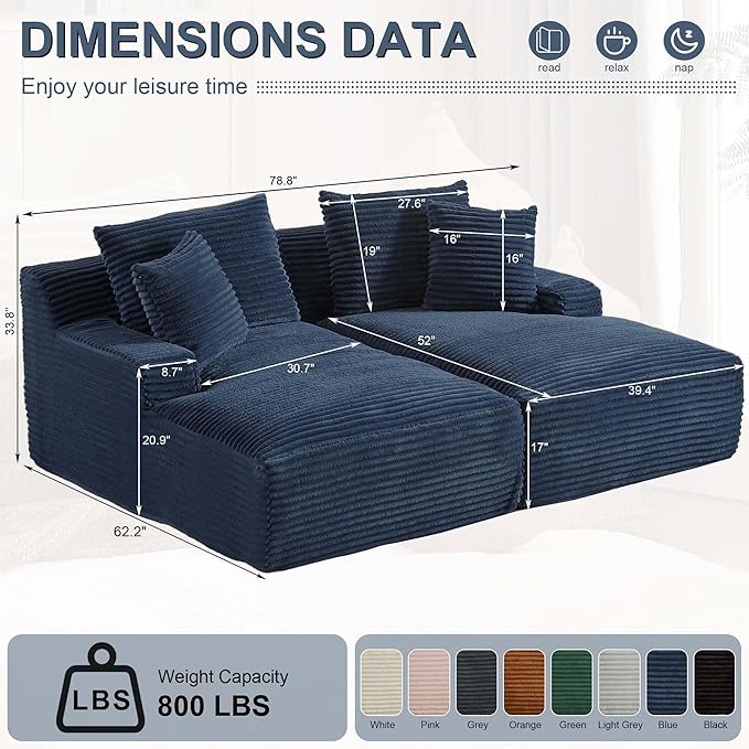 GNIXUU 78.8" Oversized Double Chaise Lounges Indoor, 2 Pieces Comfy Corduroy Chaise Lounge Chair Cloud Boneless Couch, Fluffy Upholstered Sleeper Loveseat Bed for Living Room Bedroom Reading(Blue)