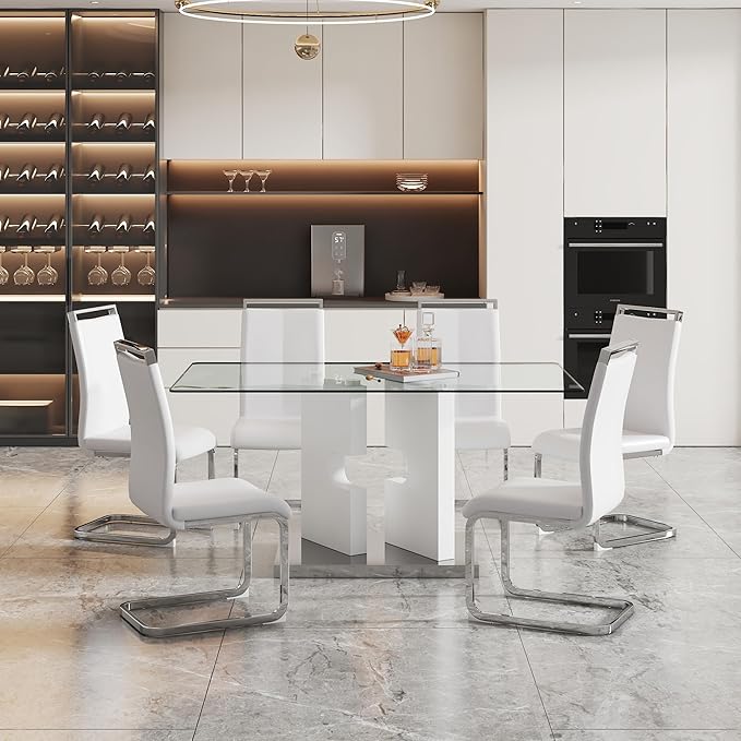 Glass Dining Table Set for 6, 63" White Dinner Room Table Set for 6, Modern Kitchen Table with 6 Upholstered PU Leather Dining Chairs for Dining Room