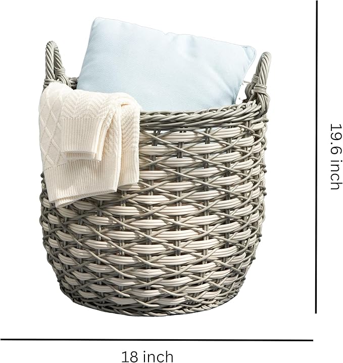 Isidore Round Water Hyacinth Seagrass Woven Basket with Handles (18" x 18" x 19.6" - White-Gray) - Ideal for Halloween, Thanksgiving, and Versatile Home Storage