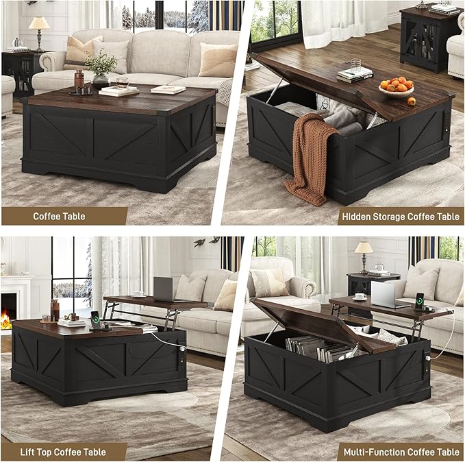40” Large Farmhouse Lift Top Coffee Table with Power Outlets and Large Hidden Storage, Square Wood Living Room Tables, Multi-Function Lift Wooden Barn Door Center Table, Black