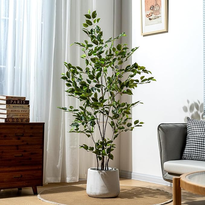 Artificial Ficus Tree Indoor 5ft, Large Potted Faux Tree with Realistic Silk Leaves & Trunk for Home Office, Living Room Corner Decor