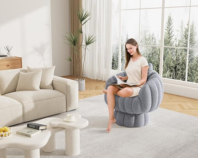 Mid Century Modern 360 Degree Barrel Swivel Accent Sofa Chair,Fluffy Sherpa Fabric Lounge Wide Upholstered Pumpkin Reading Chair, Round Cloud Armchair for Living Room,Bedroom,Vanity(Grey)