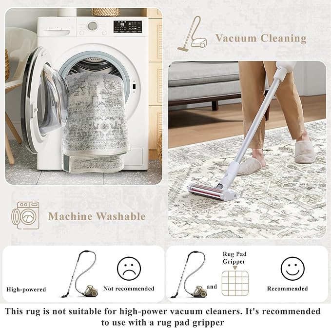 LIVEBOX Washable Area Rug 8x10 - Large Beige Vintage Tribal Living Room Rug Oriental for Bedroom, Non-Slip Retro Medallion Carpet Print Distressed for Dining Room Guest Office