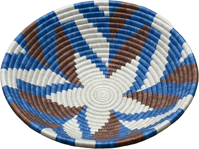 Handwoven African Basket Handmade sisal Fruit Bowl Wall Hanging decorative Baskets for Home Living Room Kitchen Centerpiece Zen Designs Arts and Crafts (Blue Brown Natural, 12in diameter)