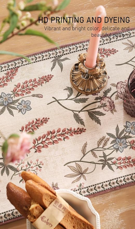 Designer Light Beige Linen Table Runner 87 Inches Long,Vintage Floral Wrinkle Resistant Decor Table Runners for Dining Tables,Christmas,Thanksgiving,Kitchen Tables,12"*87"-Helena A