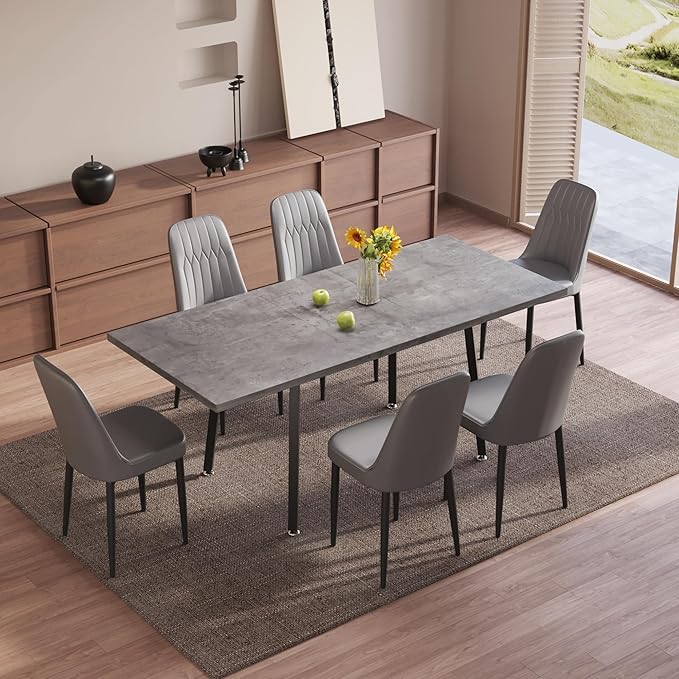 7 Piece Dining Table Set for 6-8,55-71" Extendable Dining Table Set with 6 Upholstered Chairs,Rectangle Kitchen Table Set for Small Space,Dining Room and Office,Grey