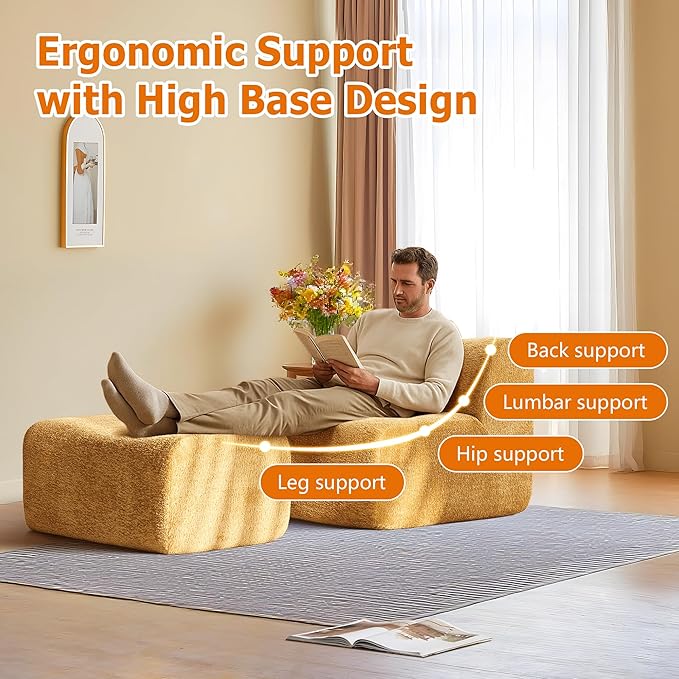 Lazy Sofa Chair, Modern Comfy Raindrop Velvet Fabric Deep Seat Armless Lounge Chair Movable Ottoman Set, 1-Seater Modular Sectional Sleeper Couch for Living Room, Bedroom, Office, Salon,Yellow