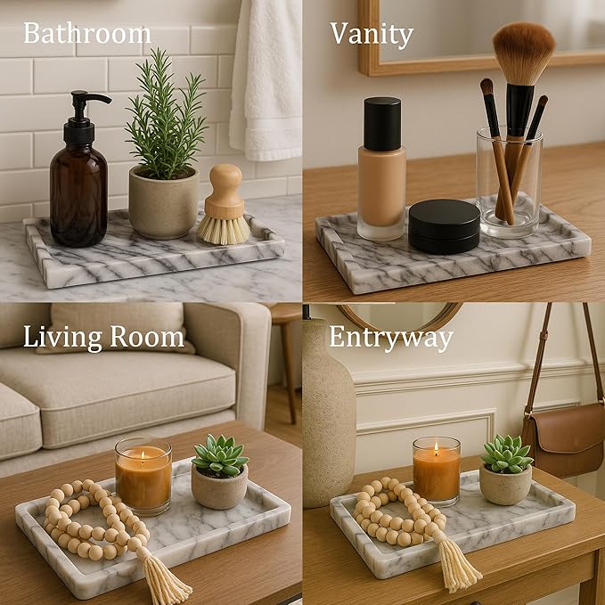 White Marble Vanity Tray – 10.63"x5.91" Rectangular Natural Stone Organizer for Bathroom Perfume Makeup Jewelry Dresser Entryway