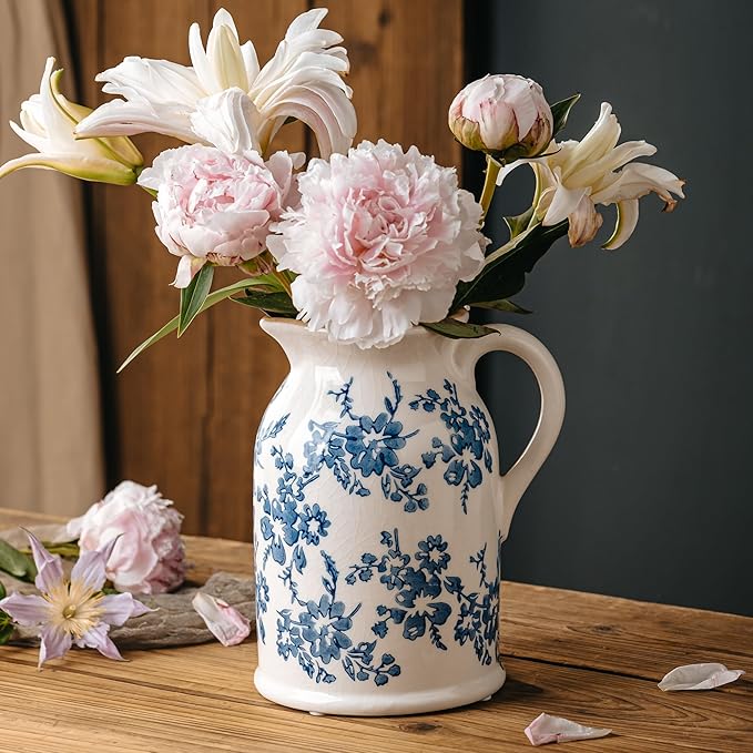 Blue and White Pitcher Vase, 8 Inch Vintage Chinoiserie Ceramic Flower Vase, Rustic Retro Ice Cracked Antique Porcelain Vases for Home Farmhouse Table Centerpieces Shelf Decor