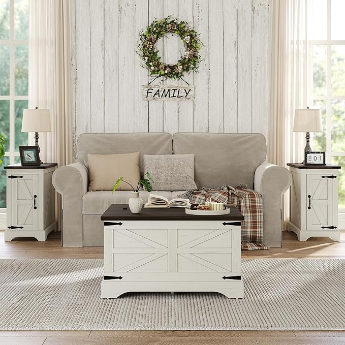 Furnideco Farmhouse Lift Top Coffee Table, Square Wood Center Table with Large Hidden Storage Compartment for Living Room, Rustic Cocktail White Modern Table with Hinged Lift Top, Brown Top