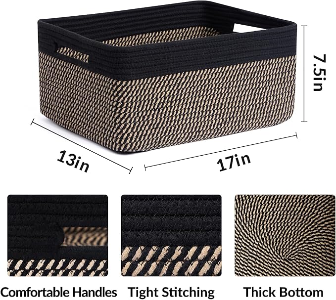 Large Storage Baskets for Shelves, Closet Organizers Bins for Clothes Blanket Towels, Baby Nursery, Toy Baskets Box, Woven Rope Baskets, 17 x 13 x 7.5”, 3 Packs Woven Brown