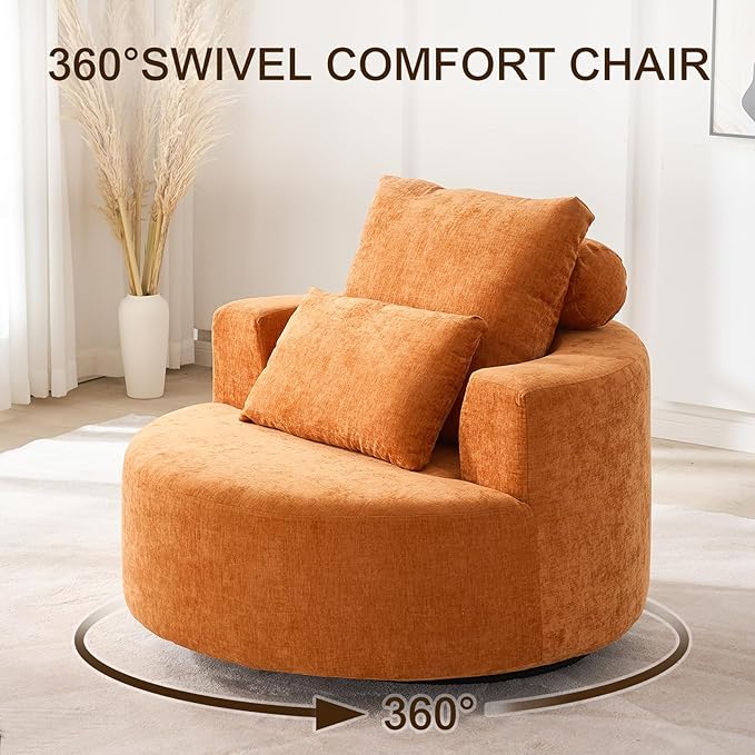 Furnimart Oversized Barrel Accent Chair, 360° Swivel Round Upholstered Sofa, Chenille High-Resilience Sponge, No Assembly Wide Seat for Living Room, Bedroom, Apartment (Orange)