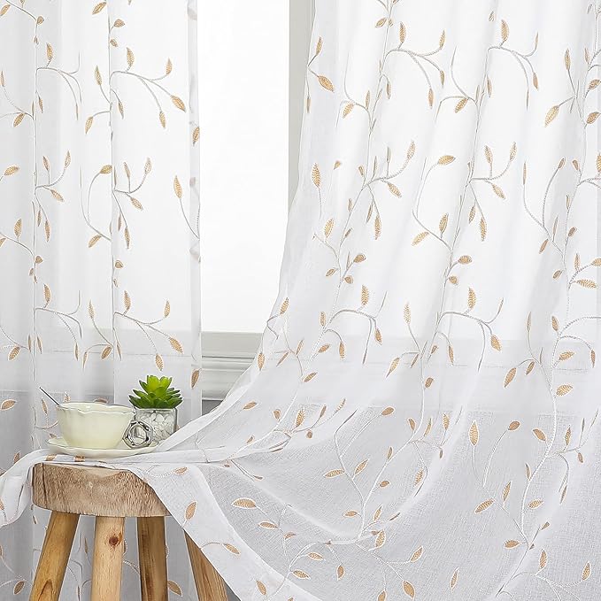 VISIONTEX White Sheer Voile Curtains, Decorative Orange Leaves Embroidery Faux Linen Rod Pocket Window Drapes for Home Kitchen, Living Room and Bedroom 54 x 84 Inch, Set of 2 Curtain Panels