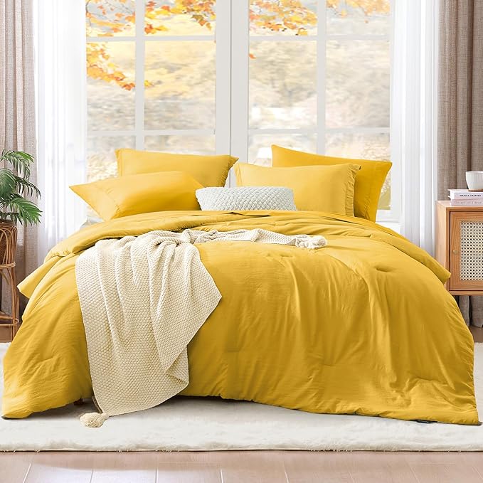 WRENSONGE Queen Comforter Set- 7 Pieces Soft Yellow Bed in a Bag Queen with Fitted Sheet, Flat Sheet, 2 Shams, and 2 Pillowcases- Warm Bedding Sets for All Season