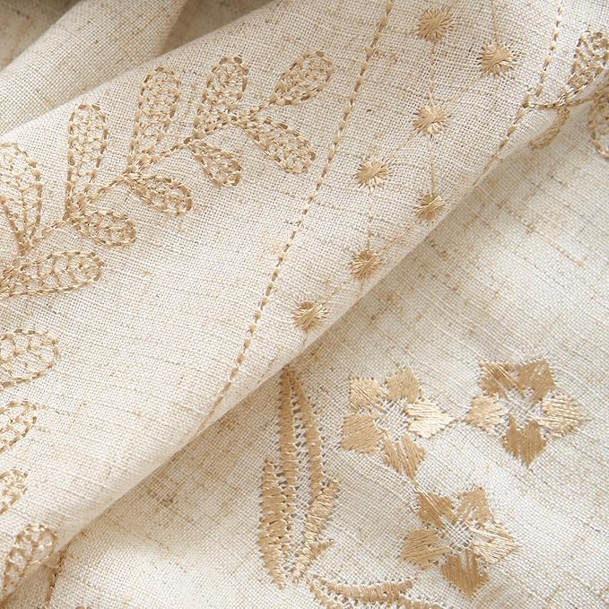 jinchan Belrose Linen Curtains for Bedroom Floral Curtains 63 Inch Length Linen Blend Beige Embroidered Drapes Farmhouse Flower Patterned Drapes for Living Room Window Treatments Sets 4 Panels