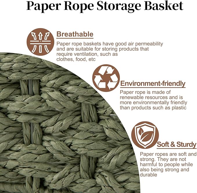 OIAHOMY Toilet Paper Baskets Handmade Paper Rope Decorative Wicker Storage Tank Shelf Cabinet Organizer for Bathroom Home, Set of 2, Green