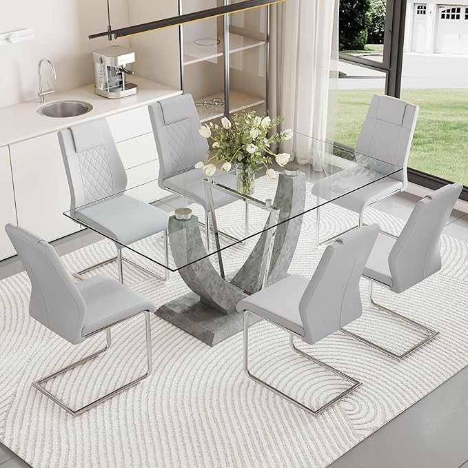 Glass Dining Table Set for 6, 7 PCS Kitchen Table Set with 6 Chairs,71" Tempered Glass Tabletop with Upholstered Chairs, Suitable for Dining Room and Kitchen