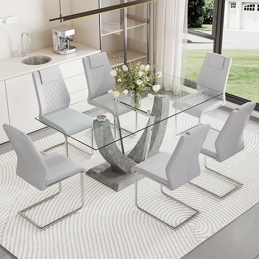 Glass Dining Table Set for 6, 7 PCS Kitchen Table Set with 6 Chairs,71" Tempered Glass Tabletop with Upholstered Chairs, Suitable for Dining Room and Kitchen