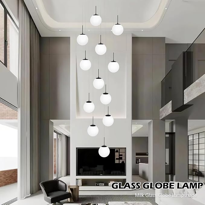 KoKo&Yukina 12-Light Black Mid Century Modern Chandelier for Living Room Staircase Chandelier for Entryway Globe Milky White Glass Pendant Light High Ceiling Chandeliers Foyer (Bulb & Remote Incl.)