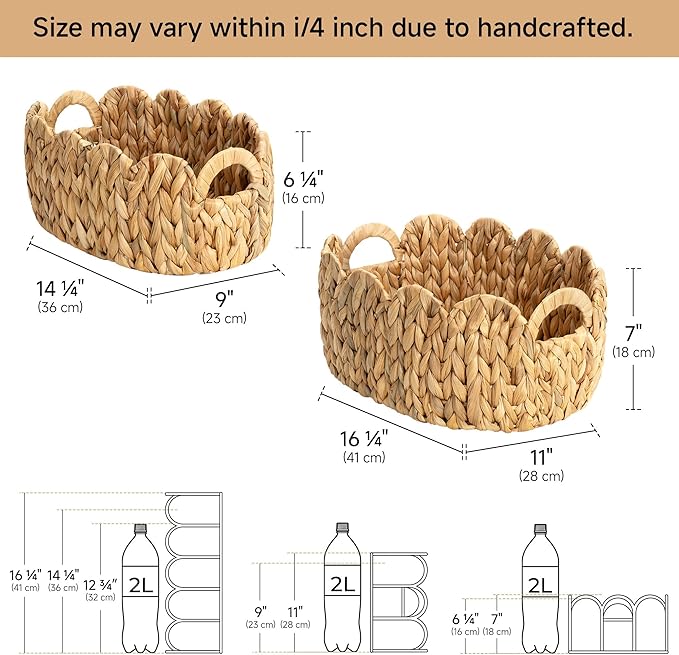 StorageWorks Scalloped Wicker Basket, Hand-woven Rattan Baskets with Built-in Handles, Water Hyacinth Basket for Organizing and Decor, 2 Pack
