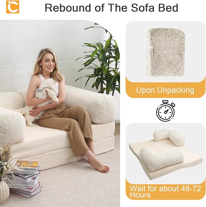 COMAX Folding Sofa Bed Queen, 4-in-1 Foldable Floor Couch Convertible Futon Sofa with Armrests Sleeper Mattress Chair Bed Comfy Portable Fold Out Lounge Guest for Living Room Bedroom, Beige