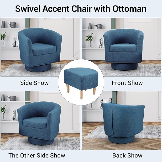 DAZONE Accent Chairs Set of 2, Blue Barrel Chair with Ottoman, Comfy Armchair for Small Spaces, 360° Modern Fabric Lounge Chair for Living Room, Bedroom, Reading Nook, Home Office