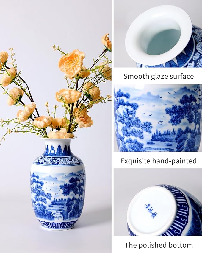 Blue and White Vintage Vase Chinoiserie Farmhouse Decorative Vases Flower Terracotta pots for Tableshelf Bookshelf Bathroom Living Room Kitchen 9.4 inch