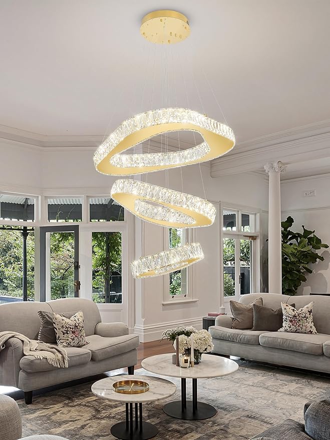 Modern Led Gold Chandelier Adjustable 3 Rings Crystal Chandelier for Living Room Foyer Stairwell Lighting High Ceiling Light Dimmable 2700K-6000K