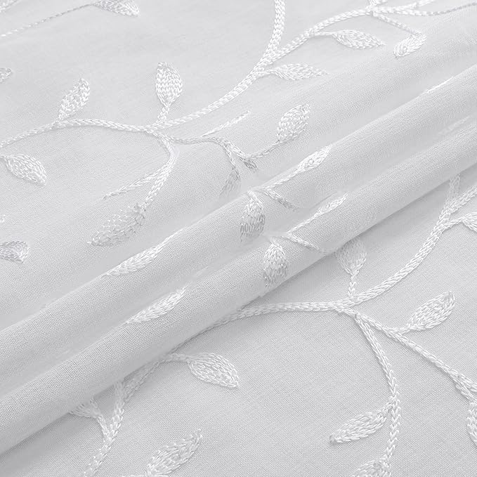 VISIONTEX White Sheer Voile Curtains, Decorative Leaves Embroidery Faux Linen Rod Pocket Window Drapes for Home Kitchen, Living Room and Bedroom 54 x 108 Inch, Set of 2 Curtain Panels
