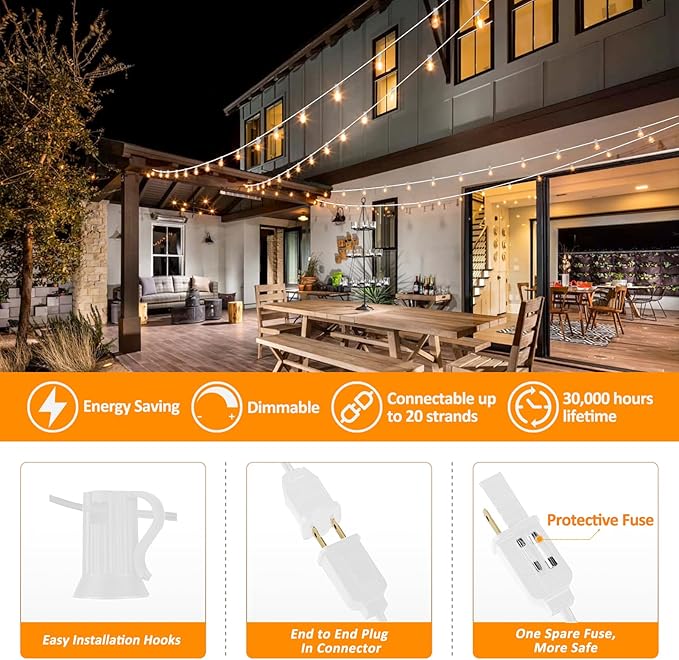 Achin Outdoor String Lights White 400FT(100ft*4) Patio Lights Outdoor Waterproof with 212 LED Bulbs(12 Spare) Shatterproof G40 Globe String Lights for Outside Wedding Backyard, White Wire, 2700K